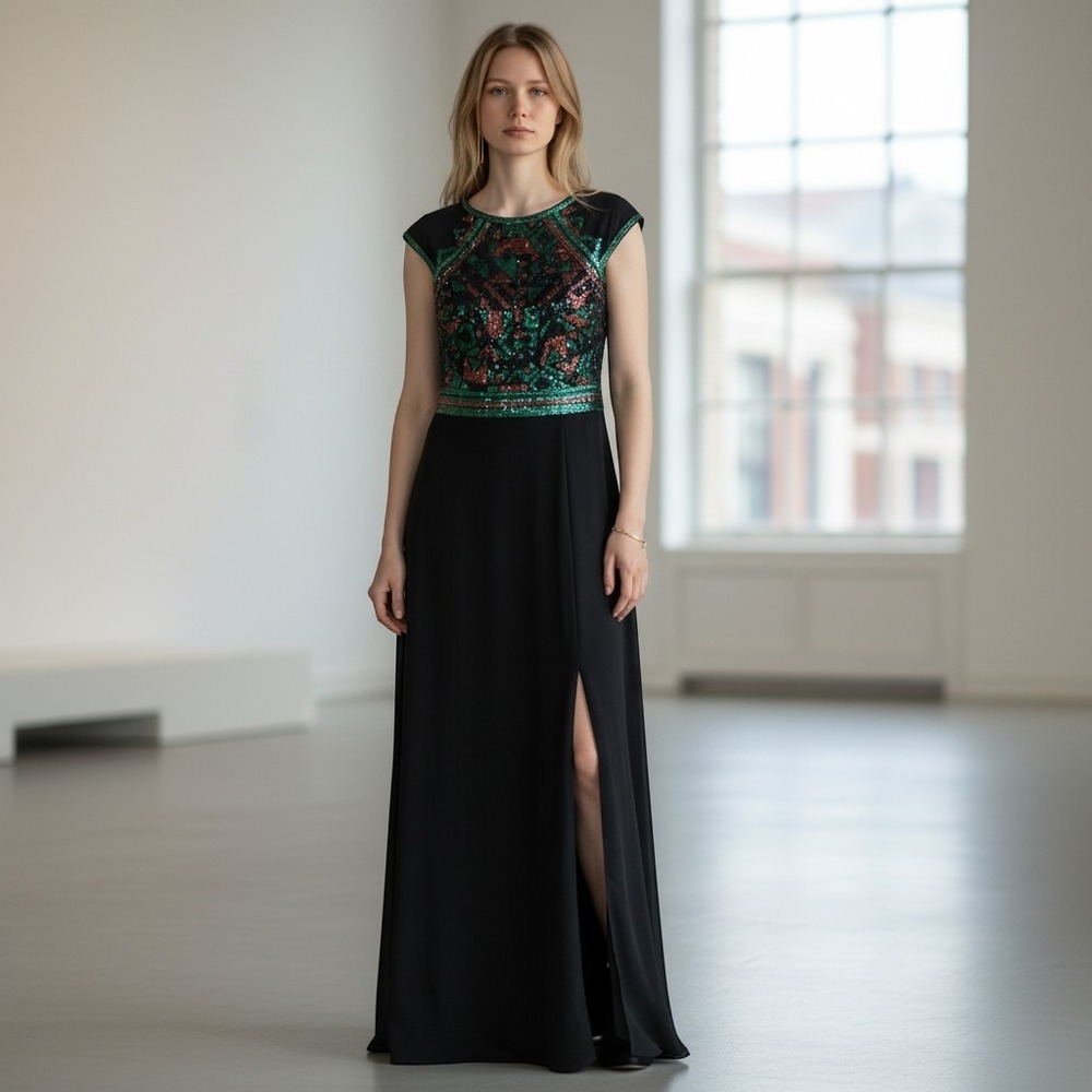 NWT Tadashi Shoji Runway Xena Dress Womens 8 Black Geometric Sequin Leaf Gown